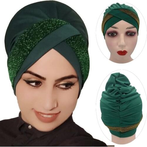 2021 Glitter Forehead Cross Under Scarf Cap Stretchy Muslim Inner Hijabs Female Turban Bonnet Islamic Under Hijab Hat Turbante