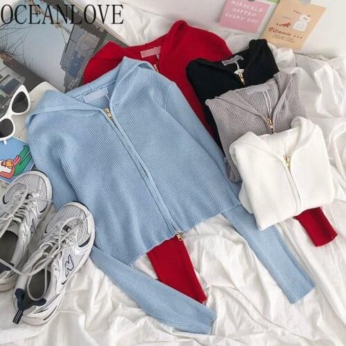 OCEANLOVE Hooded Women Sweaters Solid Zippers Slim Spring Autumn Casual Mujer Chaqueta Vintage Fashion Cardigans Korean