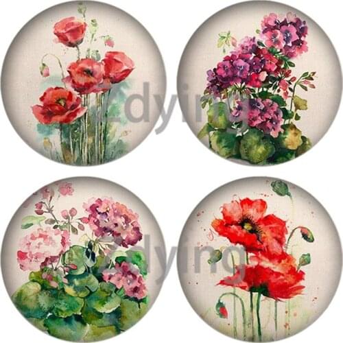 Zdying 10pcs Vintage White Red Flowers Drawings Round Glass Cabochon Art Picture Dome DIY Pendant For Base Tray Jewelry Findings