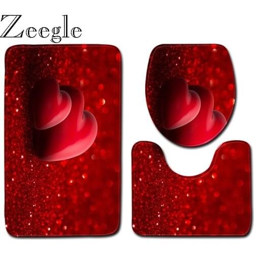 Zeegle 3D Love Heart Bath Mat Set Toilet U Type Mat Pedestal Rug Toilet Seat Cover Polyester Modern Shower Mat Washable Foot Rug