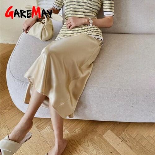 Womens Satin Silk Skirt High Waist Office Elegant Long Basic Solid Korean Style Blue Midi A-line Summer Skirts for Women 2021