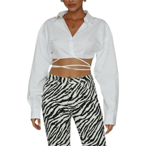 Women Summer Crop Tops Solid Color Lapel Long Sleeves Buttons Strappy Shirt Streetwear for Girls White