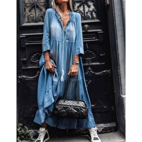 Denim Dress Women Loose Cowboy Three Quarter Sleeve Long Dresses Robe Ruffle V Neck Elegant Party Maxi Dress Vestidos 2020