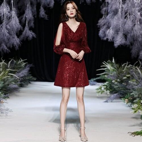 Burgundy Half Sleeves V-Neck Prom Dress Sequins Simple Zipper Back Knee-Length Mermaid Plus size Women Formal Party Gown C846