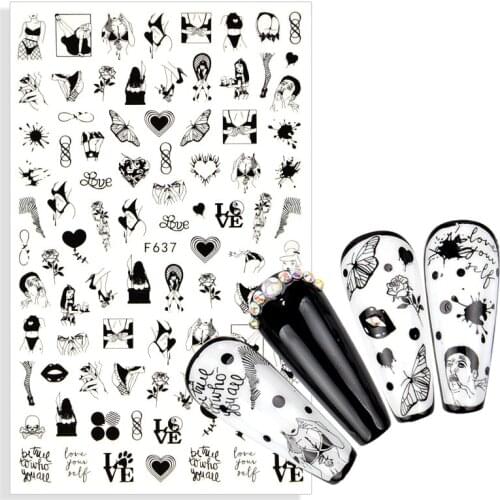 1pcs Nail Art Sticker Black Sexy Lady Letter Ultra Thin Adhesive / Watermark Decals Fancy Pattern Design Nails Slider Decoration