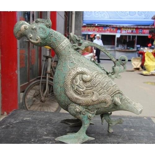 20" China Bronze Copper Silver-Gilt Foo Dog Dragon Beast Phoenix Duck Statue Pot