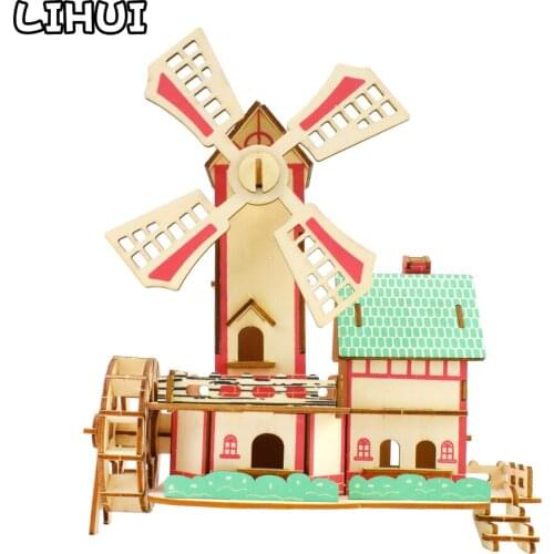 3D Wooden Puzzle Toys Jigsaw Architecture DIY Windmill Castle Construction Pattern Kids Puzzles Learning Educational Toys Gifts