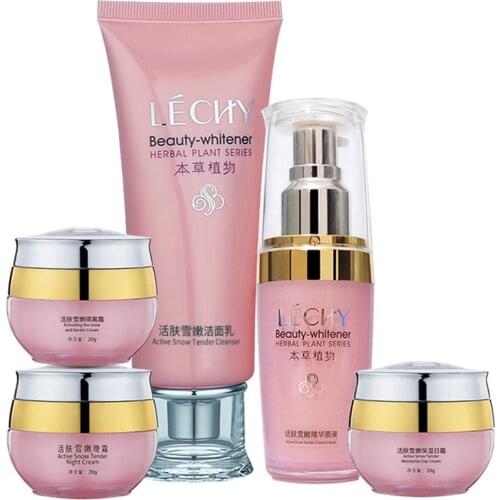 5PCS/Set Whitener Herbal Plant Series Active Whiten Suit Day Frost/Night Cream/make Up Base/Essence Solution/Facial Cleanser