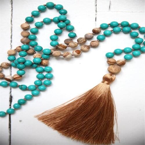 8mm Picture Jasper Turquoise 108 Beads Tassel Mala Necklace Prayer Tibetan Spiritua Spirituality Buddhism Yoga Classic Religious