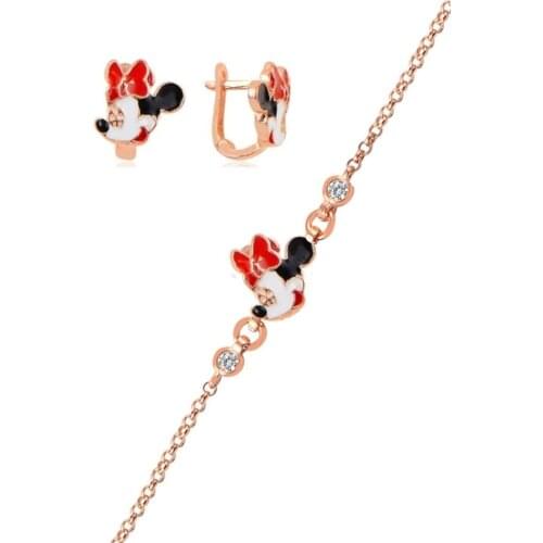 925 sterling Silver Rose Color Mickey Mouse Model Bracelet and Earrings