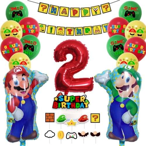 Super Mario Child Birthday Party Supplies Game Cartoon Printed Banner Cake Decoration Aluminum Film Digital Latex Round Balloons