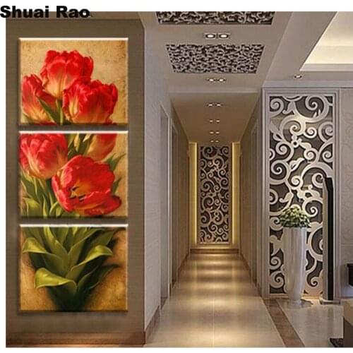 Tulip flowers diamond painting cross stitch DIY mosaic diamond crystal paintings drill full round diamond embroidery 3pcs/set