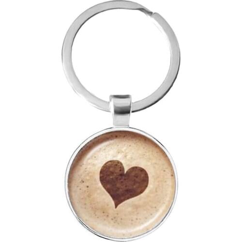 Coffee Latte Chocolate Printing Love Heart Art Keychain Carving Flower Clover Cat Charm Glass Cabochon Keyring Key Holder Gift