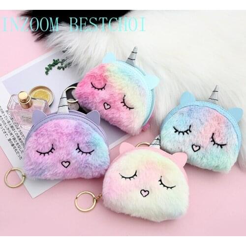 2021 Korean Cute Unicorn Mini Wallet Ladies Creative Colorful Plush Storage Coin Purse Multi-function All-match