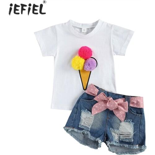 2-6Years Kids Girls Summer Clothing Sets 3D Pompom Ice Cream Print T-shirts Tops+Bowknot Ripped Hole Belt Denim Shorts Outfits