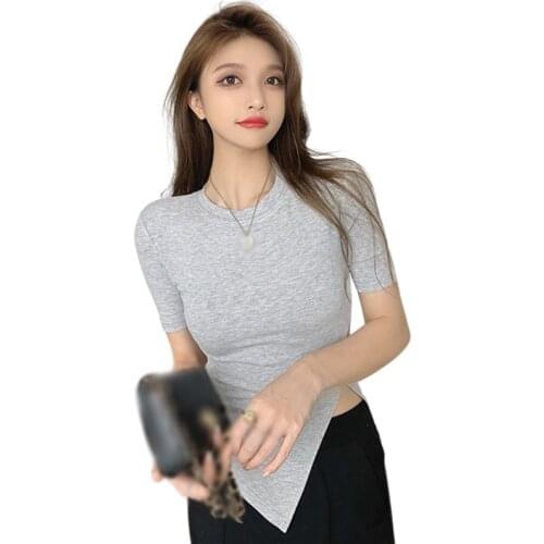 Summer Western Style Irregular Slit Short-sleeved T-shirt Womens Slim Slimming Side Leakage Waist Top