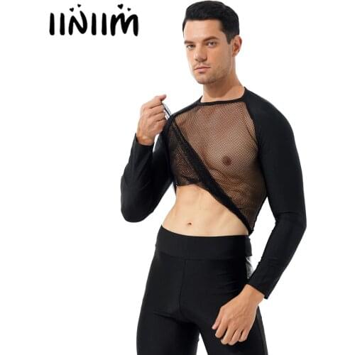 Mens Fashion Clubwear See-through Mesh T-shirt O Neck Long Sleeve Patchwork Tops Tees for Party Music Festival Stage Show