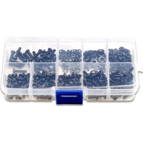 300PCS Black Round Head Hexagon Screw Bolts Nut Set +Flat Pad Washers Spring Washer Box Hardware Accessories Kit