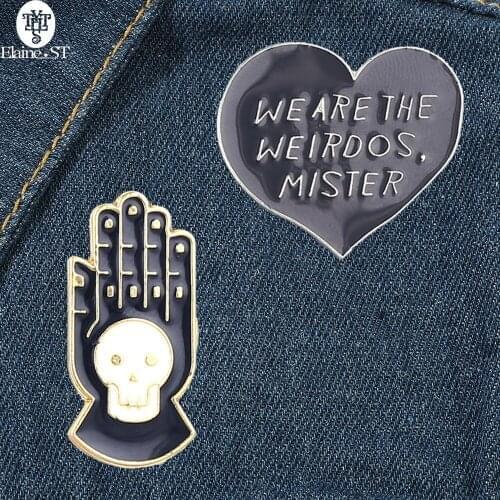 Wholesale 10Pcs Black Brooches Jewelry Skull Pins and Brooches "we are the weirdos mister" Heart Brooch Pin Gothic Vintage Gifts