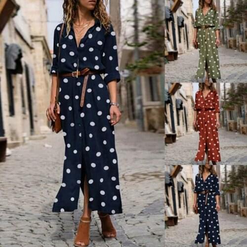 Summer Shirt Dresses Long Women Dress Dot Printed Women Clothing Beach Holiday Long Sleeve Button Maxi Dresses Femme Vestidos