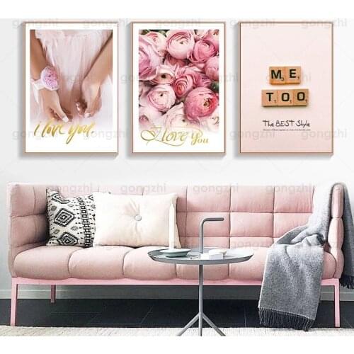 Pink Rose Canvas Painting Golden Love Vows Wedding Ceremony Bridal Shop New Home Wall Decor Printing Canvas Modern Hd Painting