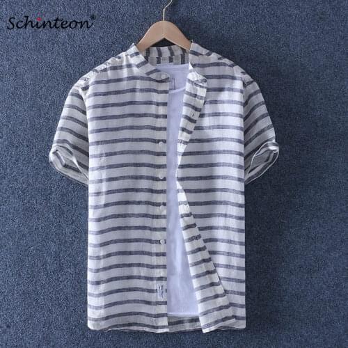 Schinteon 100% Pure Linen Striped Summer Shirt Men Breathable Stand Collar Short Sleeved Casual Shirt Comfortable New 2019