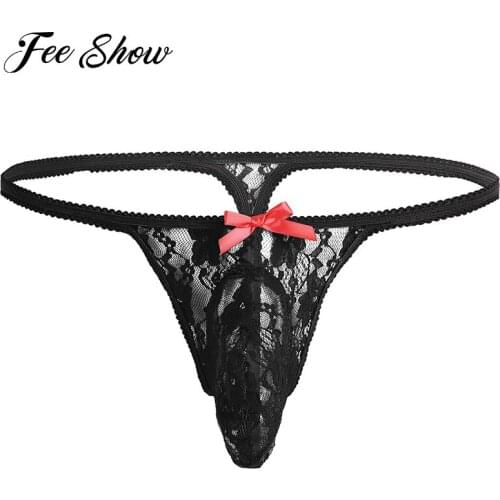 Mens Sexy Lingerie Bikini Briefs Sissy Panties Bulge Pouch Underwear Lace See-through Open Butt Bikini G-string Thong Underwear