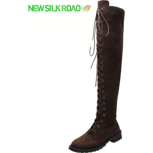 Retro Nubuck Long Women Boots Handmade Lace Up Tie Knights Booties Suede Fur Over Knee Moto Combat Female Ladies Botas De Mujer