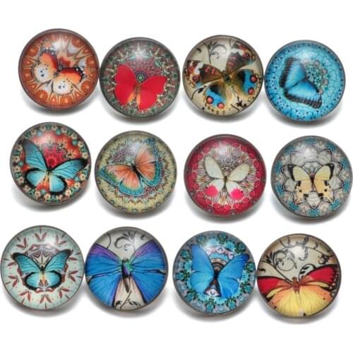 12pcs/Lot Vintage Butterfly Pattern Glass Charm 18mm Snap Button Jewelry For 18mm Snaps Bracelet Snap Jewelry KZ0477
