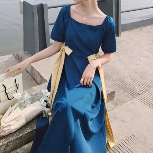 Vintage square collar bubble sleeve satin yellow bow academy blue dress open midi dress Ankle-Length Regular O-Neck