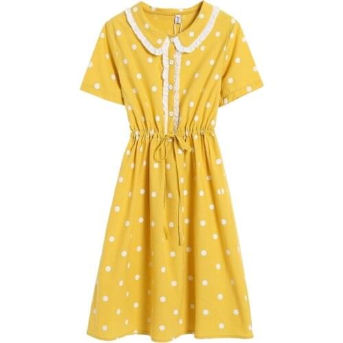 2018 short sleeve cotton dress yellow vintage polka dot dress