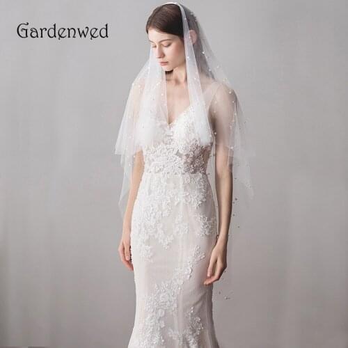 Gardenwed Women Bridal Wedding Veil Elbow Length Pearls Beaded Tulle Wedding Accessories Sheer Veils Marriage