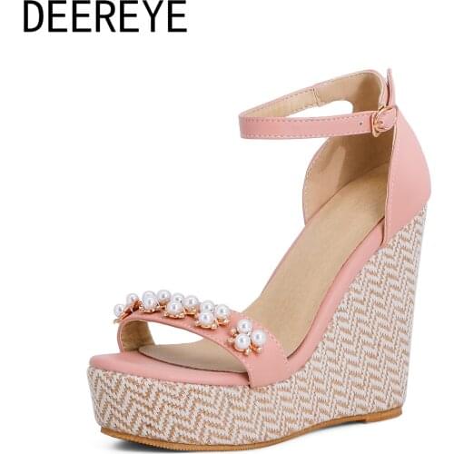 2021 New Arrival Big Size 34-46 Casual Wedge Sandals 12cm Women High Heel Buckle Strap Platform Shoes Upper With White Pearl