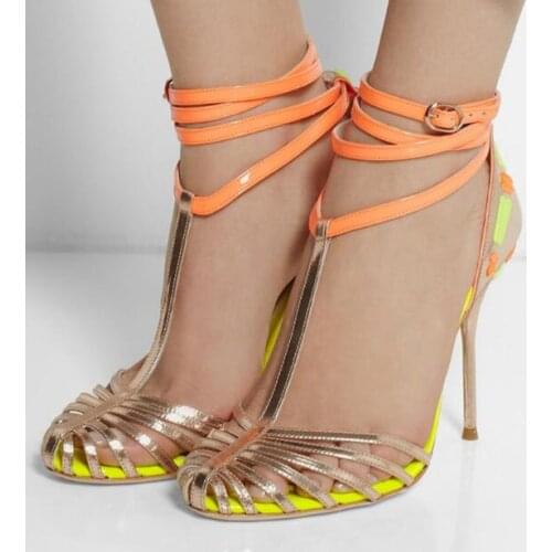 Free Shipping Summer 2019 New Brand Woman Cuts Out Round Toe Buckle Strap Thin Heels Sexy Party High Heel Sandals Cheap Big Size