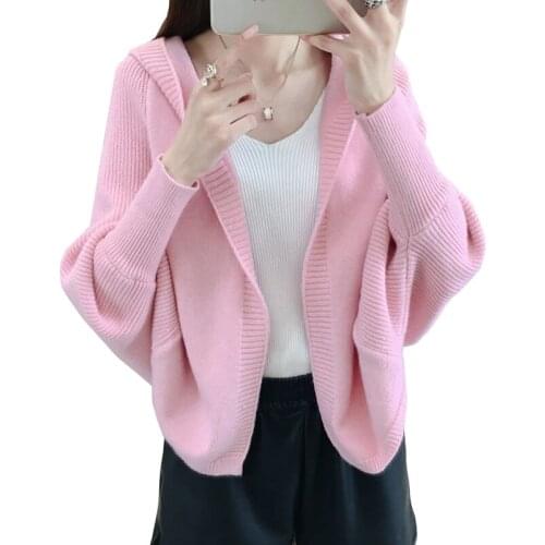 Spring Autumn knitted Sweater Women Cardigan Bat sleeve Sweaters Short Tops Plus size Harajuku Knitwear Hooded Pink Ladies Coat