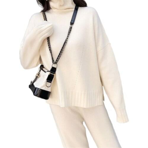 Autumn Winter Women Knit 2 Piece Suits Turtleneck Sweater Tops Wide Leg Pants Trousers Two Piece Sets INS Celebrity Same Style