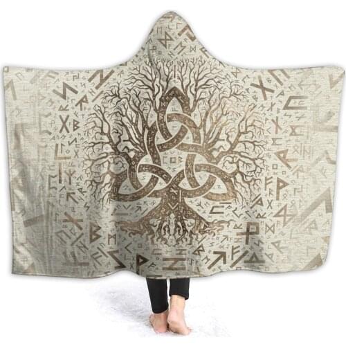 Winter throw warm flannel Tree Of Life With Triquetra And Futhark Hooded Blanket Viking Rune blankets for travel Bedspread Wrap