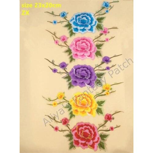 1 pcs big size peony flowers embroidered patches iron on Motif Applique ZX Fabric cloth embroidery accessory 5 colors to select