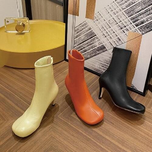 2020 Fashion Sheepskin Boots women Chunky Square Toe high heels Martin Boots Ladies Winter Genuine Leather Boots Shoes