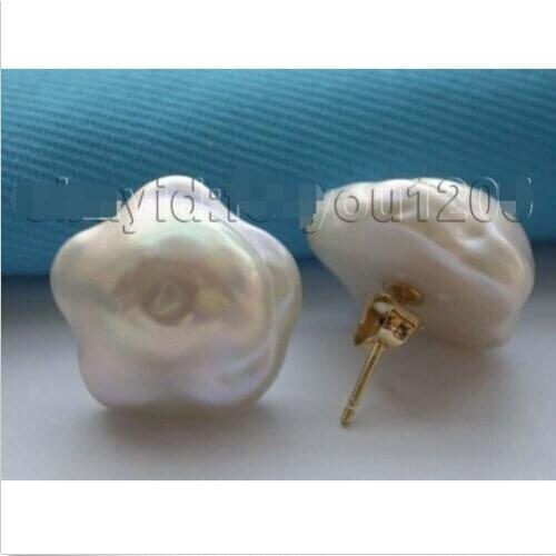@ genuine Natural 16mm White Reborn Keshi Flower Pearl Earrings studs 14KGP #f1471