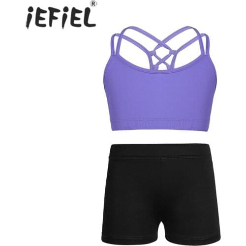 Children Sports Clothes Suit Activewear Gymnastics Criss Cross Back Tanks Bra Crop Top Shorts for Girls Ballet Dance Costumes