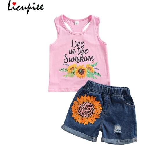 Letter Sleeve Babys Sets Toddler Girls 2pcs Summer Outfits, Sleeveless Sunflower Letter Tank Tops + Denim Shorts Set