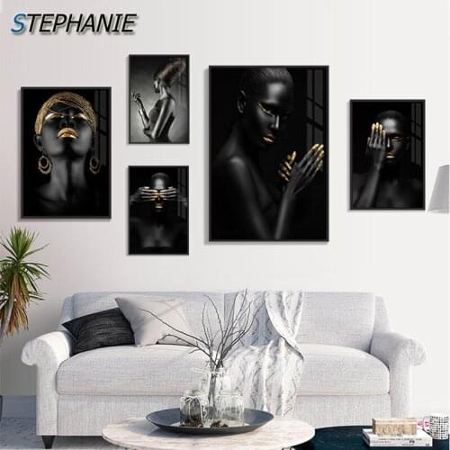 Modern African Black and Gold Woman Poster Print Nude Girl Canvas Painting for Living Room Bedroom Sexy Gold Skin Women Wall Art