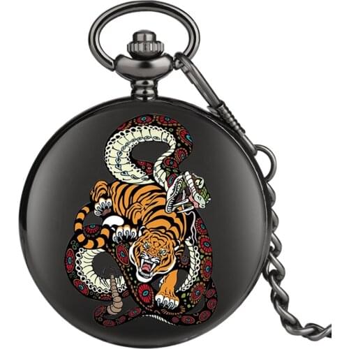 Tiger Snake Entwining Pattern Quartz Pocket Watch Chain Full Hunter Animal Watch with Fob Chain Best Gifts for Men Women reloj