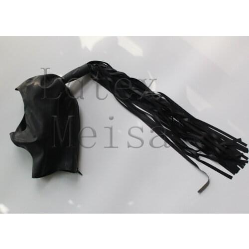 Adults' Zentai Latex hoods attached pigtail and open face in black color