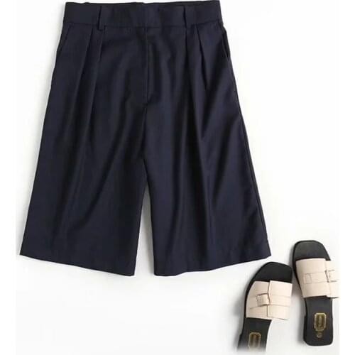 Dave&Di summer england solid simple navy color straight suits shorts women short feminino plus size bermuda Cropped trousers
