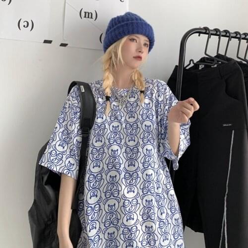 Summer Short-sleeved T-shirt Womens Shirt Retro Cartoon Print Street Round Neck Shirt Harajuku Campus Style Mens Crewnecks