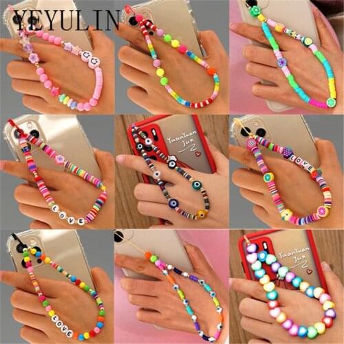 New Random Color Soft Clay Beads Chains Strap Bracelet For Women Mobile Phone Chain Hanging Rope Lanyard Jewelry Accessories