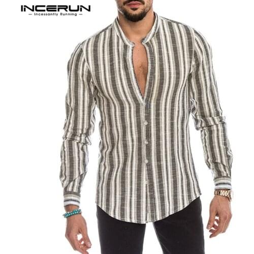 New Fashion Men Striped Shirt Long Sleeve Streetwear Chic Stand Collar Autumn Casual Shirts 2021 Handsome Camisas S-5XL INCERUN