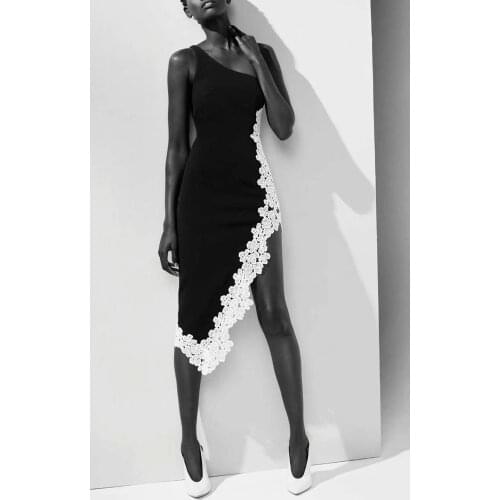New Arrival Black One Shoulder Split Bandage Dress High Quality Rayon Lace Dress